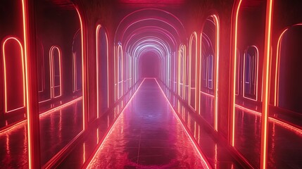 Wall Mural - Neon light tunnel abstract background futuristic architecture glowing corridor interior perspective view 3d