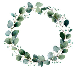 Wall Mural - watercolor modern decorative element. eucalyptus roud green leaf wreath, greenry branches, garland, 
