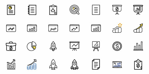 Collection of business and finance related outline icons representing various concepts and elements