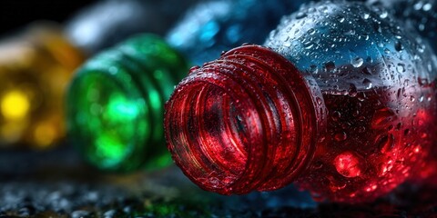 Close-up view of colorful glass bottles with water drops, showcasing vivid details.