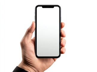 Hand holding a smartphone with a blank white screen, against a white backdrop. The hand wears a black shirt cuff