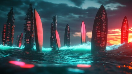 Wall Mural - futuristic seascape featuring glowing structures and turbulent waters. a captivating blend of light 