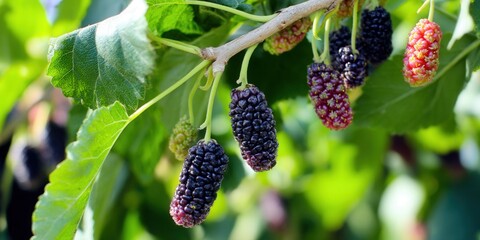 Juicy mulberries ripen on a branch, surrounded by lush green foliage and sunlight.