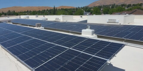 Solar panels on a rooftop generate clean and sustainable energy, contributing to environmental progress.