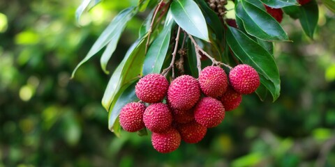 a vibrant image of lychees hanging from a tree branch, ripe and ready to eat.