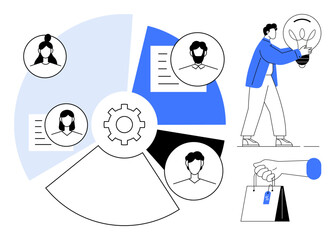 Wall Mural - Circular chart shows profiles and documents, a figure holds a lightbulb symbolizing ideas, and a hand presents a shopping bag. Ideal for teamwork, creativity, innovation, strategy, organization