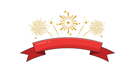 A festive red ribbon banner with golden fireworks exploding in the background, perfect for celebrations.