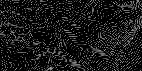Abstract flowing white wavy lines on a black background creating a topographic map effect