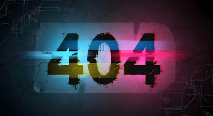 Error 404 Page Not Found with Glitch Effect and Circuitry Background