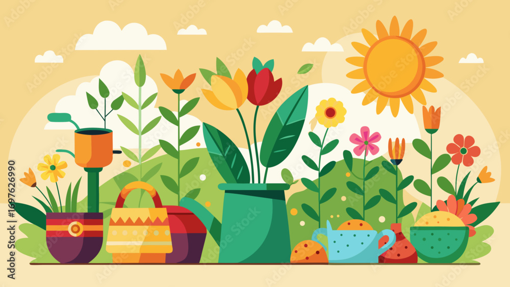 Vibrant spring garden with flowers and watering cans Stock Vector ...