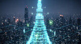 Digital tower with multiple shield icons representing data protection cybersecurity and network defense in a smart city environment