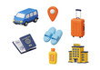 © designworld24x7 - 3d icon of travel and vacation icons including car, passport, suitcase, and hotel isolated on transparent background
