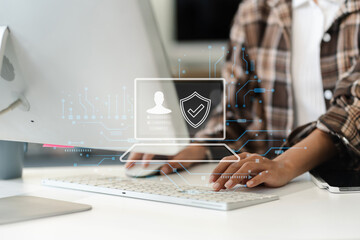woman typing login and password in the concept of cyber security