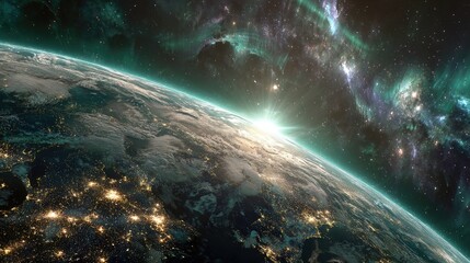 earth visible from space with city lights and nebula
