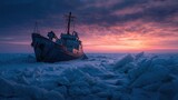 Rusty abandoned icebreaker ship stuck in polar ice during vibrant winter sunset