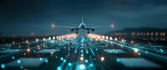 Wall Mural - airplane landing on futuristic digital runway with glowing circuit board lights at night, showcasing