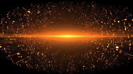 Wall Mural - glowing orange light burst with digital particles and lines radiating outward in futuristic abstract