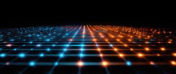 Wall Mural - digital grid glowing blue and orange light creating futuristic dynamic technology background with de