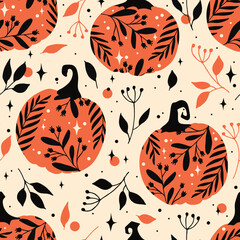 Wall Mural - Seamless pattern of Halloween abstract pumpkins with fall leaves and berries. Perfect for fall, Halloween, holidays, fabric, textile.