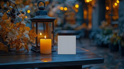 Wall Mural - a lit candle in a lantern beside autumn leaves and a blank card on a wooden table with soft bokeh li