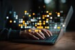 © Sklixs - Hands type on a laptop, surrounded by abstract glowing squares on a dark blurred background with a wooden texture below, creating a digital, futuristic scene