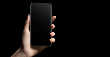 A hand holds a black rectangle (mobile phone) against a solid black background. The phone's screen is black, mirroring the surrounding space