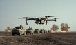 © Meow Creations - Advanced surveillance drone flying over a battlefield with military convoy and explosions