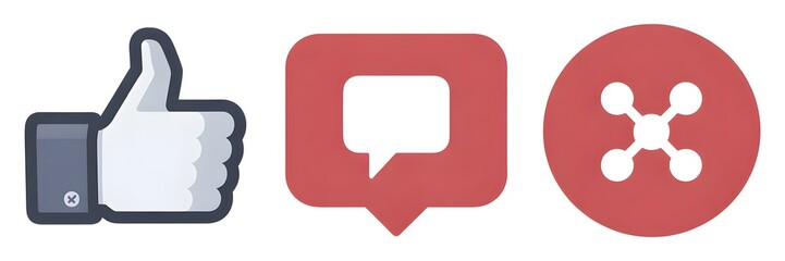 Social media engagement icons displaying like comment and share for online interaction and digital communication on a white background
