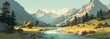 © Mike - Serene Mountain Landscape with Flowing River and Snow-Capped Peaks, Panoramic Nature Background for Travel Blog, Environmental Campaign and Calming Visuals, Lush Greenery and Rocky Textures