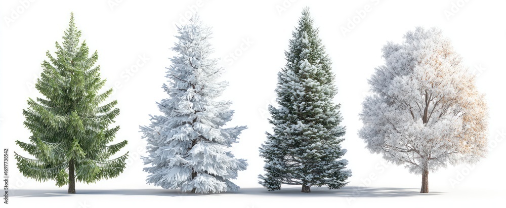 Four distinct trees, ranging from lush green to snow-laden, isolated on ...