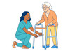 © Pixels Hunter - Elderly woman with walker assisted by nurse in clean flat style on white background, concept of caregiving, health and support. Ai generative