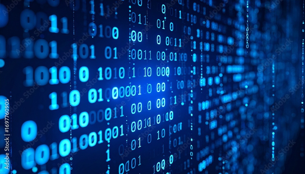 Vertical binary code glowing on dark digital background