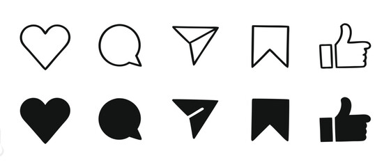 Set of generic social media user interface icons. Like, comment, share and save icons. Social media flat icons. Vector, flat outline icon isolated on white