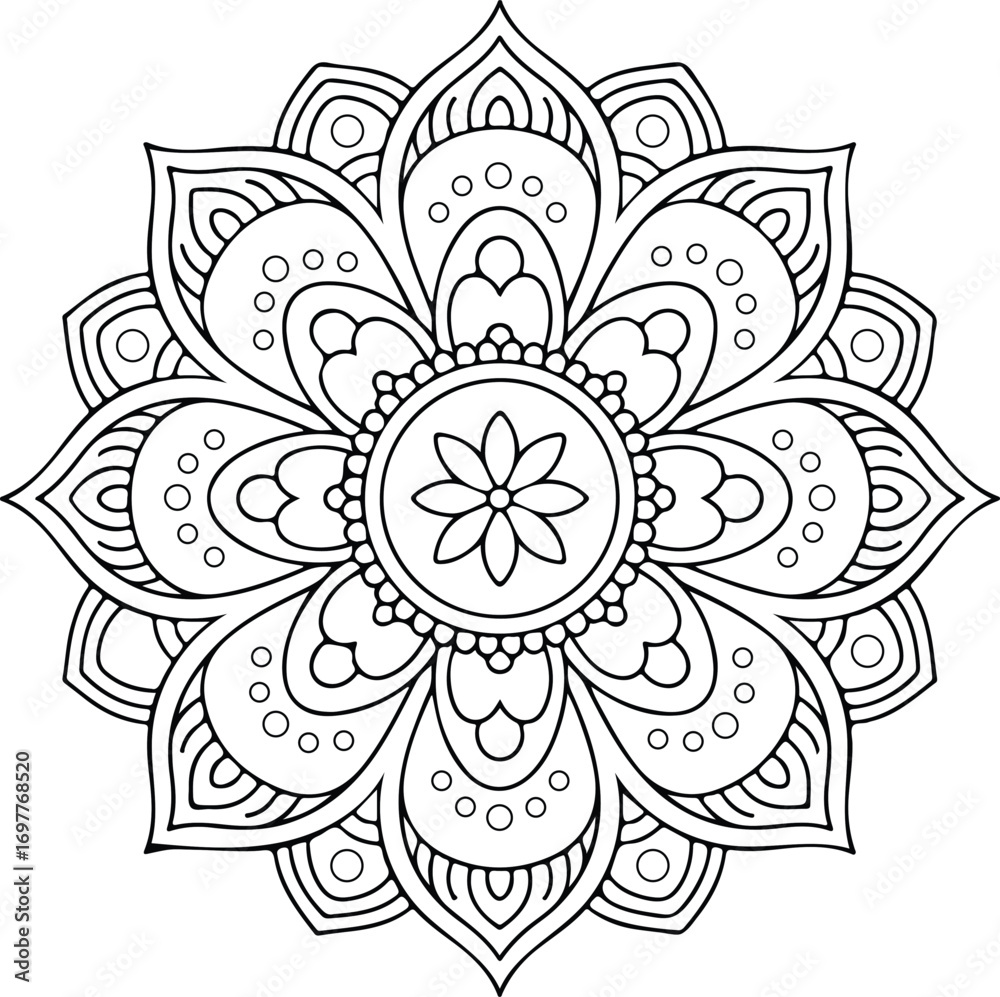 Intricate black and white floral mandala design with geometric patterns ...
