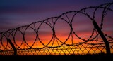 Razor wire fence silhouetted against a vibrant, colorful sky. Perfect for editorial visuals, social awareness campaigns, creative projects, and symbolic concepts representing boundaries, resilience, o