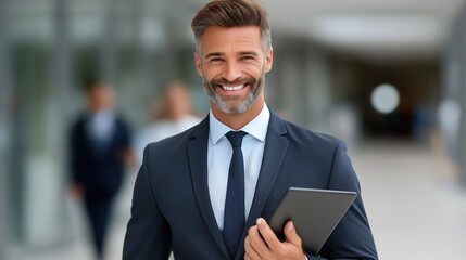 confident man in business attire stands with a smile, holding a tablet in a contemporary office setting. Colleagues walk in the background, reflecting a busy atmosphere