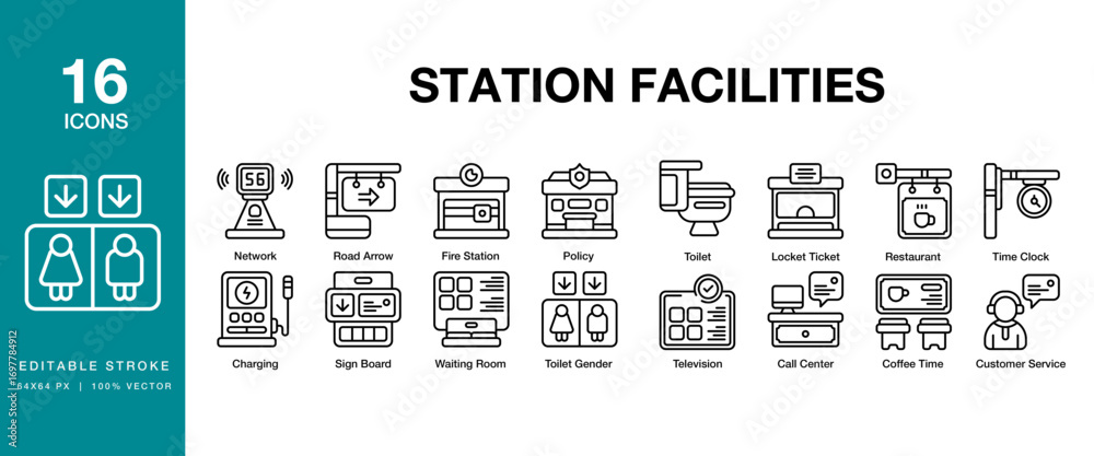 Station Modification Icon Station Facilities icon set. Includes construction, electric ...
