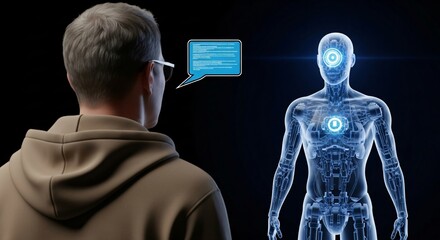 Man Interacts with Futuristic AI Robot, Discussing Data and Technology