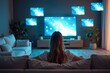 © Vera - Woman Engrossed in TV Viewing in a Futuristic Living Room with Floating Holographic Screens