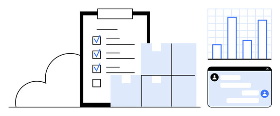 Wall Mural - Checklist with blue checkmarks, stacked boxes, bar chart, and messaging prompt in cloud-based context. Ideal for logistics, inventory tracking, task planning, teamwork, productivity data management