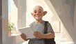 © apan - Smiling bald man with big ears holding a tablet.