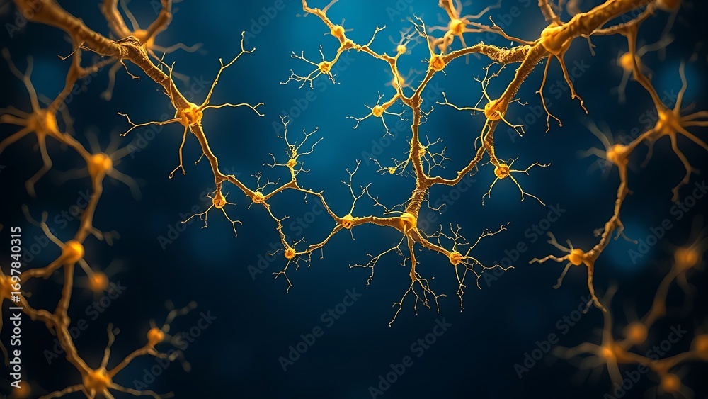Void Brain Golden neurons branching in a blue void, illustrating the complexity of ...