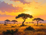 A vibrant landscape of golden savanna at sunset, featuring tall acacia trees silhouetted against a fiery sky.