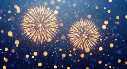 Two golden fireworks exploding in a blue bokeh background