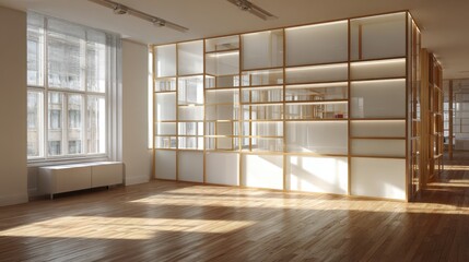 Wall Mural - Modern minimalist interior design with sunlit wooden shelving and large windows