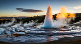 Vector illustration of majestic geyser erupting with a powerful plume of steam and water against a sunset sky, showcasing geothermal wonder