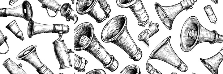 A seamless pattern background featuring a loudspeaker doodle drawing