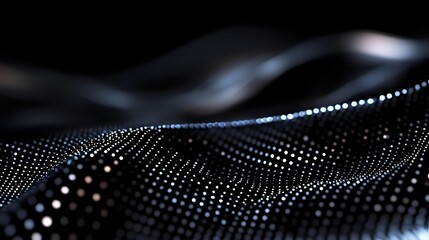 Abstract digital wave pattern with glowing dots forming dynamic flowing surface against dark background, modern technology visualization for presentations.