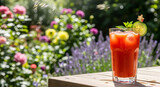 Segelas koktail Bloody Mary atau jus tomat dingin dengan hiasan di atas meja kayu di taman.