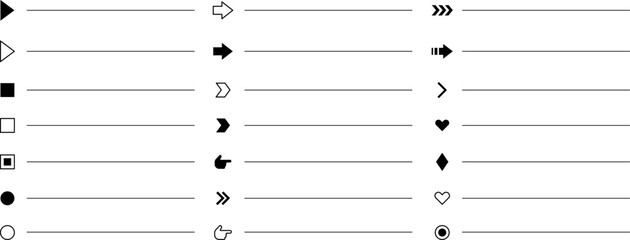 Bullet points. List icon set with geometric shapes, arrows, stars, hearts. Minimal user interface elements for apps, websites, infographics, UI UX design, web development, presentations. Isolated